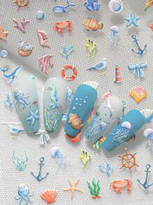 新款秋夏欢乐海洋世界美甲贴纸立体浮雕贝壳水下生物指甲背胶装饰贴适合个人DIY及美甲店使用