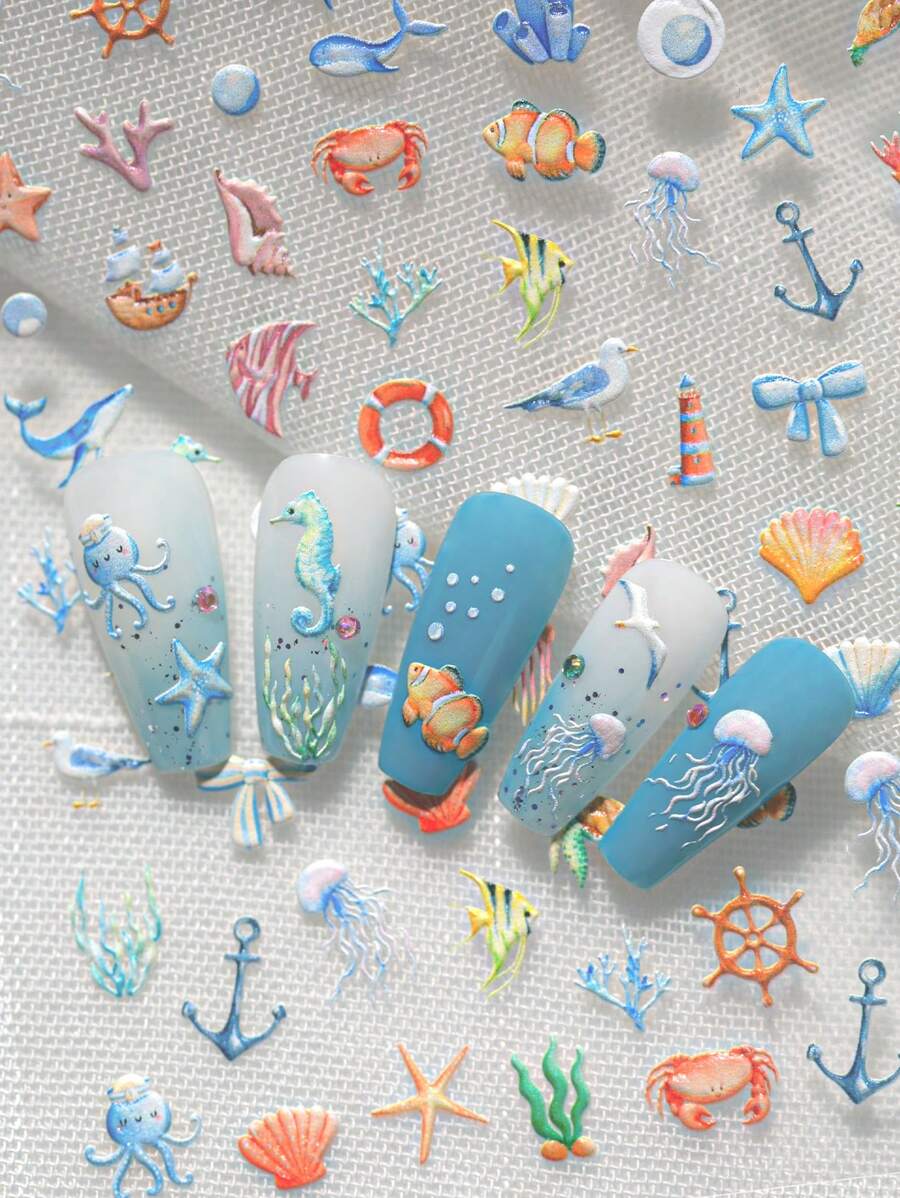 新款秋夏欢乐海洋世界美甲贴纸立体浮雕贝壳水下生物指甲背胶装饰贴适合个人DIY及美甲店使用