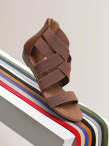 Women's Low Wedges Sandals Elastic Ankle Strap Style Cute Gladiator Sandals With Back Zipper Versatile Beach Wedding Summer Vacation Flat Sandals Shoes - 棕色 - 查看 5