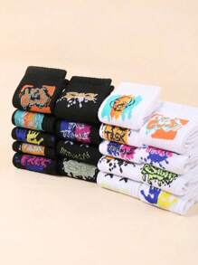 10pairs Random Black-And-White Teenagers Boy's Street Style Casual Sporty Graffiti Mid-Calf Socks - Multicolor - View 3