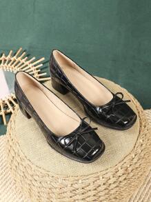 Women's Elegant Pumps For Spring, Autumn And All Seasons, Fashion Versatile Minimalist Design, Lightweight Comfortable Block Heels, Breathable Suitable For Daily Wear, Slip-On With Bowknot Buckle, Solid Colors: Nude, Black, Stone Texture Mary Jane Round Toe High Heels