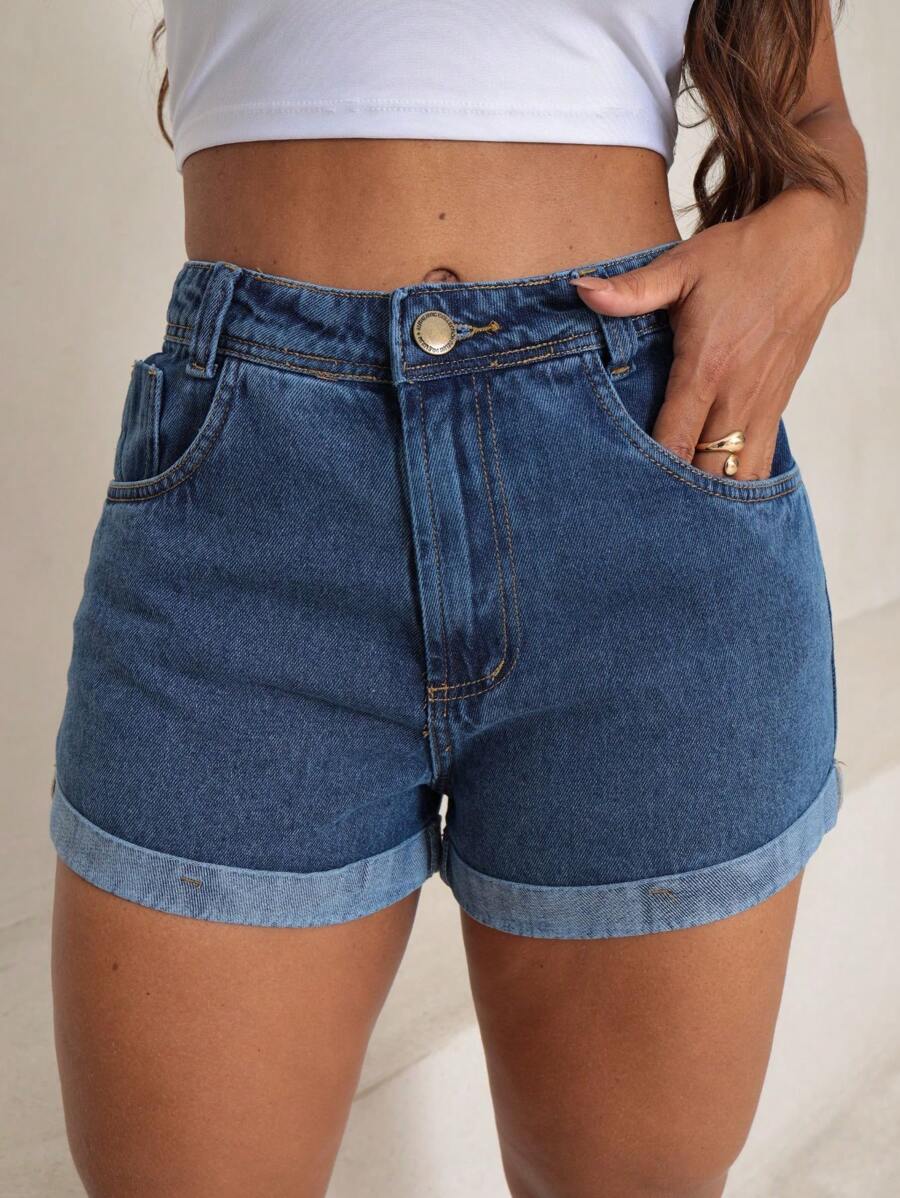 Women's Traditional Lined Button Jean Shorts - Medium Wash - View 1