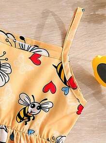 Set de 2 piezas de vestido casual con estampado de abeja + gorra para bebé niña, verano