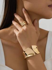 2 件套粗珠宝创意夸张金属泪珠手链和戒指套装，适合女士，多功能通勤和约会，精致礼物 - 金色 - 查看 16