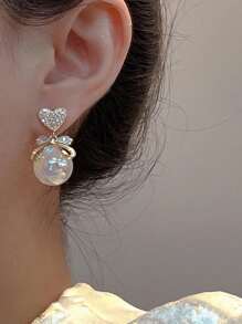 1pc Delicate Faux Pearl Earrings, Cute Heart Crystal Bowknot Charming Sweet Celebrity Earrings - Multicolor - View 2