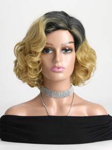 女士时尚短卷发渐变金色 12 英寸合成纤维假发，带刘海，合成假发全头套，适合日常佩戴