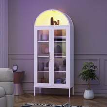 Metal Bookcase Bookshelf With Doors And Adjustable Shelves, 71" Tall Display Cabinet With LED Lights, 4 Tier Display Case For Home Office, Study Room, Collectibles