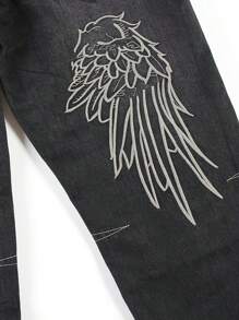 Men's Embroidered Washed Casual Relaxed Straight-Leg Jeans Hip-Hop Streetwear Angel Wing Embroidery  For Husband, Boyfriend Gifts Going Out Hang Out Commute College  Everyday Outfits Street Dance - 黑色 - 查看 5