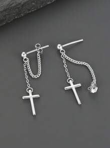 1 Pair Unique High-End Cross Chain Earrings, Cubic Zirconia Stud Earrings, Edgy & Elegant Style, Suitable For Men And Women