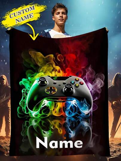 1Pc Custom Name Text Gaming Controller Print Flannel Blanket - Ultra Soft, Warm, And Personalized Plush Throw For Gamers, Perfect For Bed, Sofa, Or Office Use, Ideal Gift For Christmas, Birthdays, Anniversaries, Or Special Occasions, Great For Gamers, Teens, Adults, Friends, And Family, Machine Washable, And Cozy For All Seasons.,Durable,Breathable,Lightweight,Washable,Funny,Cute,Love,Soft,Comfortable,Elegant,Simple,Custom,Personalized,Unique,Ideal Gifts For Him,Ideal Gifts For Her,Him,Her,Boyfriend,Girlfriend,Dad,Mom,Family,Friends,For Anniversaries,For Mother's Day,For Birthdays,For Valentine's Day,For Graduation,For Father's Day,For Weddings,For Housewarming,Sofa,Bed,Car,Tea Room,Bedroom,Bathroom,Living Room,Dining Room