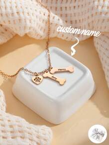1 Pc Charm Engraved Heart Dog Claw Name Necklace,Personalized Dog Bone And Claw Memorial Necklace Jewelry,Engraved Pet Family Name Pendant,Minimalist Stainless Steel Necklace Gift For Pet Lovers,Friendship Gift,Valentine's Day Gift,Birthday Gift,Party Gift - Rose Gold - View 2