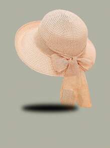 1pc Women Ribbon Solid Color Straw Hat, Fashion Elegant Sunscreen Beach Hat With Linen Bowknot, Suitable For Summer Outings, Beach, Vacation, And Casual Wear