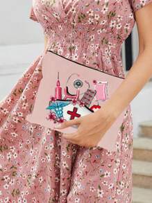 Sac de rangement thème infirmière, sac de beauté, trousse de maquillage avec motif de casquette d'infirmière, tube à aiguille, pilule, sac de perfusion, stéthoscope - Un cadeau parfait pour les infirmières ! Peut ranger les cosmétiques, les outils de beauté, le vernis à ongles, les pilules et d'autres articles, adapté pour sortir