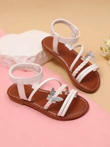 1 Pair Beige Plus Size Girls' Flat Sandals, PU Strap Woven Design With Rhinestone, Pearl & Butterfly Decor, Elastic Back Strap, Round Toe Open Toe Non-Slip Fashion Cute Black Sandals, Suitable For Girls Aged 3-15 For Daily, Casual, Holiday Wear, Summer 2025 New Arrival - Beige - View 6