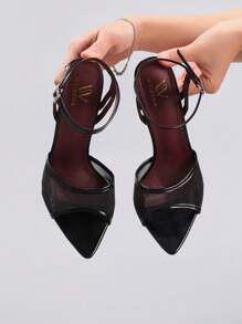 Women's Lace Black High Heel Sandals, Elegant Sexy Pointed Toe Ankle Strap Open Toe Party Dress Stilettos,Stilettos Heels - Black - View 7