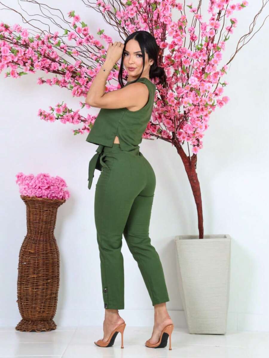 Women's Formal Set Cropped Trousers With Tie - Army Green - View 1