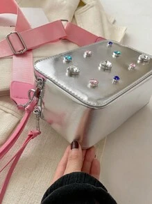 1pc Dopamine Colorblock PU Letter Patchwork Camera Bag With Dual Zipper, Adjustable Strap, Fashionable Women Crossbody Bag - Bright silver - View 6