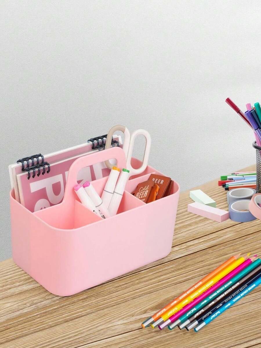 1 pièce Panier de rangement en plastique avec poignée, boîte de rangement portable pour télécommande, cosmétiques, étui à crayons et articles de papeterie, boîte de rangement à 5 compartiments, indispensable pour la rentrée scolaire, informations détaillées sur la taille disponibles dans les images du produit