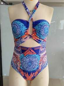 Women's Retro Print One-Piece Swimsuit, Beach Resort Style, Flattering Tummy Control - Blue - View 2