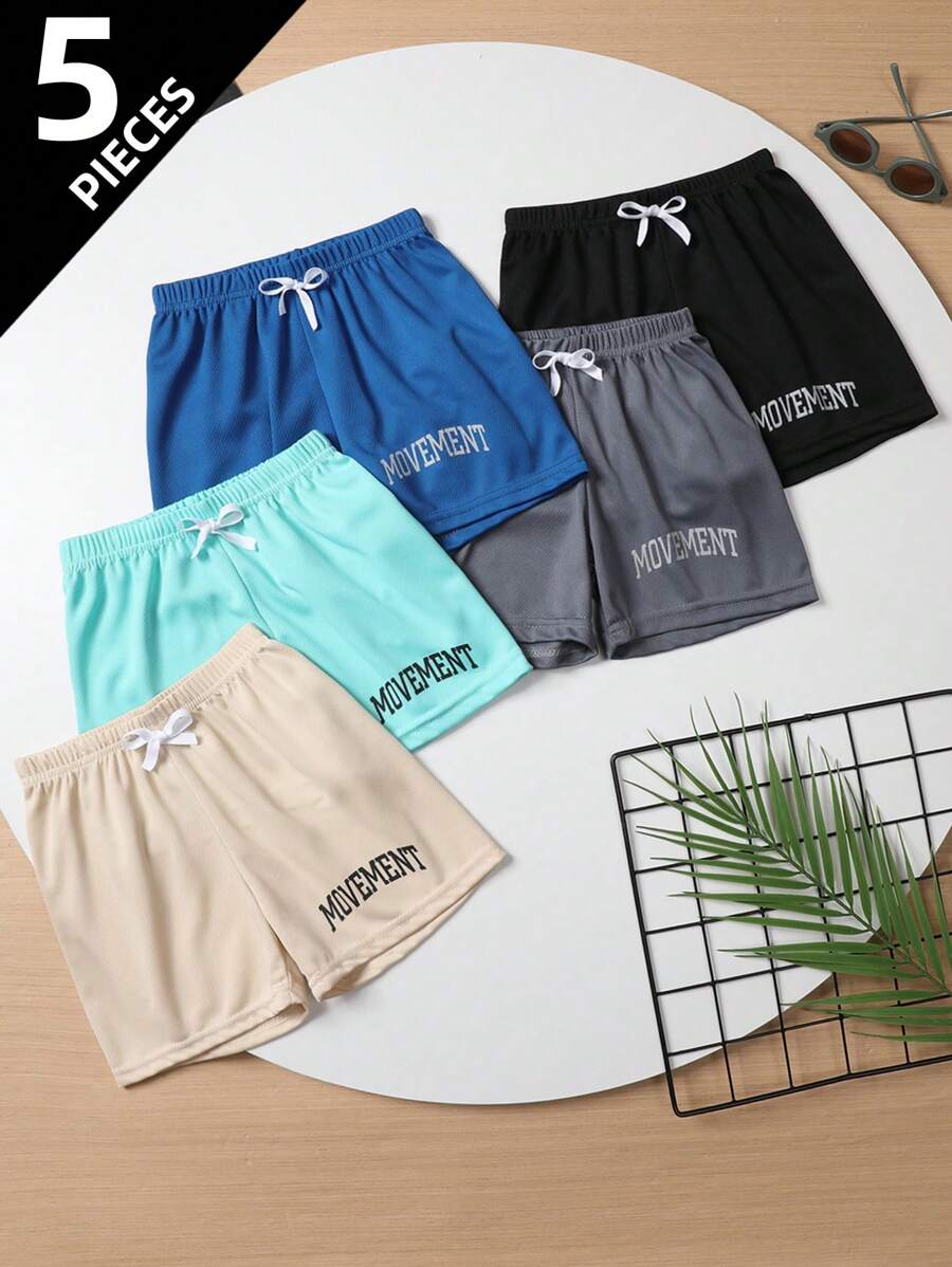 Set de 5 pantalones cortos deportivos para niños, pantalones cortos transpirables para correr al aire libre con gráficos en inglés, malla transpirable, ajuste holgado para edades de 4 a 12 años