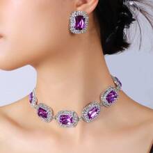 Fashionable Temperament, Geometric Necklace, Earring Set, High-End Feel, Light Luxury, Red Rhinestone Jewelry Set, Bridal Accessories