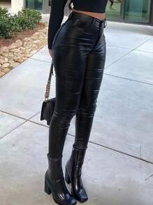 Women's Solid Color Skinny Cargo Pocket Sexy Faux Leather Leggings - 黑色 - 查看 1