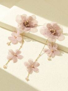 2PCS Fashion Elegant Lace Pearl Flower Long Earrings Niche Original Design Cold Romantic Sue Earrings Fabric Flower Long Earrings Suitable For Daily Wear