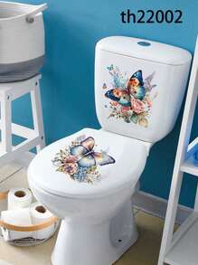 1 套马桶盖贴纸，带蝴蝶花朵图案，家居装饰 PVC 自粘防水可拆卸浴室马桶盖贴花贴纸墙贴乙烯基贴花 11.81 * 15.74 英寸，适用于家居装饰春夏装饰品，让您的家焕然一新，拉玛装饰贴纸礼物生日毕业