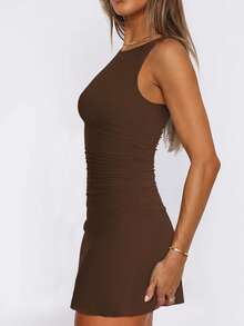 欧美风格女装 2025 夏季新款褶皱紧身迷你连衣裙，无袖修身优雅连衣裙 - 咖啡 - 查看 5