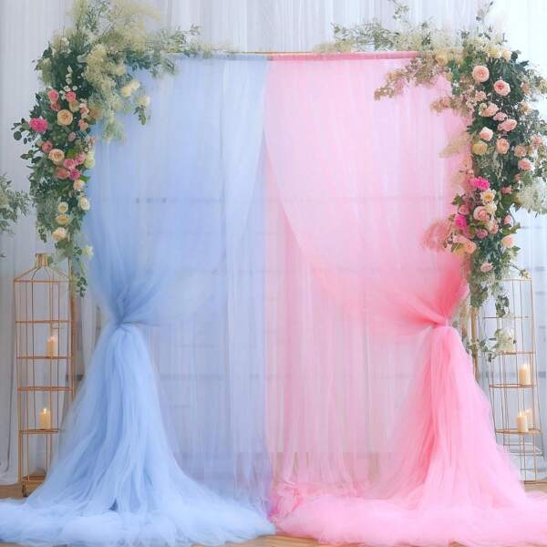 2 piezas de Cortinas de fondo rosa y azul para fiesta de revelación de género, cortinas de tul transparente para decoración de fiesta de cumpleaños y telón de fondo fotográfico