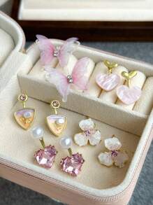 5 Pairs Sweet, Delicate, Gentle, Versatile Butterfly, Geometric, Heart & Floral Design Stud Earrings Set For Women, Suitable For Daily, Vacation, Party And Ball - Pink - View 4