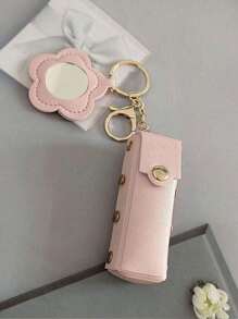 1pc Mini Lipstick Holder Keychain With Compact Mirror Lipstick Sleeve Pouch Pu Leather Lip Balm Portable Pocket Lip Gloss Holder Women Girls Gift, Cute Lipstick Holder Keychain With Flowers Shaped Mirror, Women's Makeup Bag, Keychain Pendant, Purse, Wallet, Bag Accessories, For Vacation, Holidays, Travel For Trip For Lip Gloss Lipstick Lip Oil Lip Balm - Multicolor - View 2