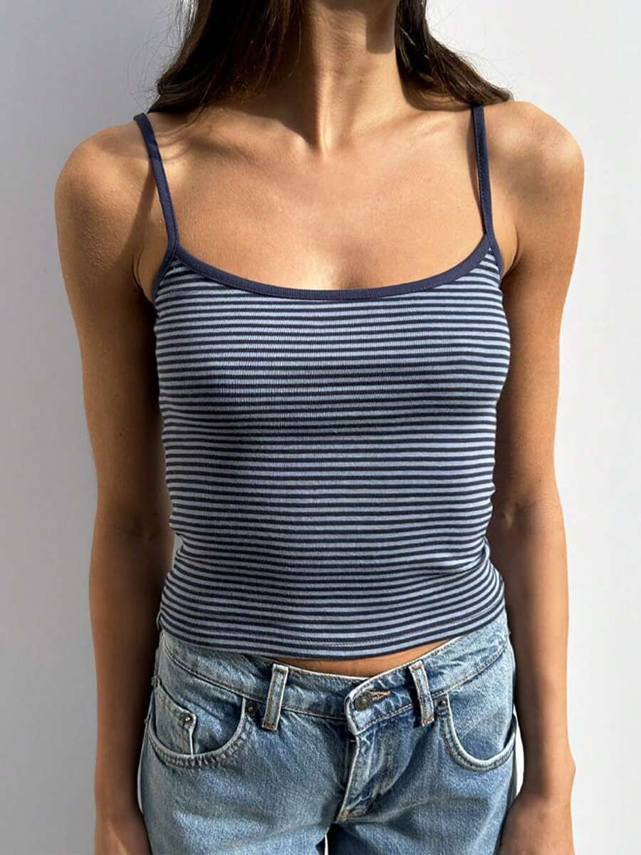 Women Striped Camisole Slim Scoop Neck Spaghetti Strap Backless Crop Tops Summer Streetwear - 藍色 - 查看 1