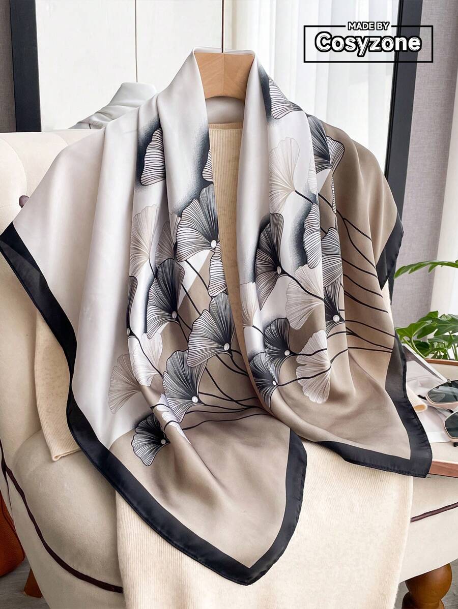 1条女士优雅时尚银杏叶印花90厘米方巾，适合休闲、时尚街头穿搭、头巾、户外防风防晒披肩，是连衣裙等服饰的绝佳配饰。 - 黑與白 - 查看 1