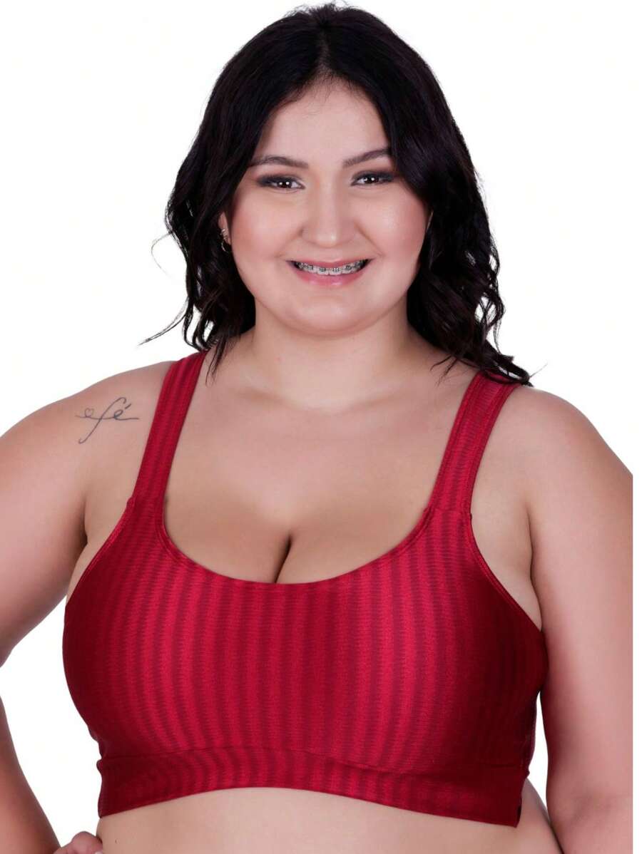 Plus Size Gym Cropped Fitness Top With Wide Straps - 紅色 - 查看 1