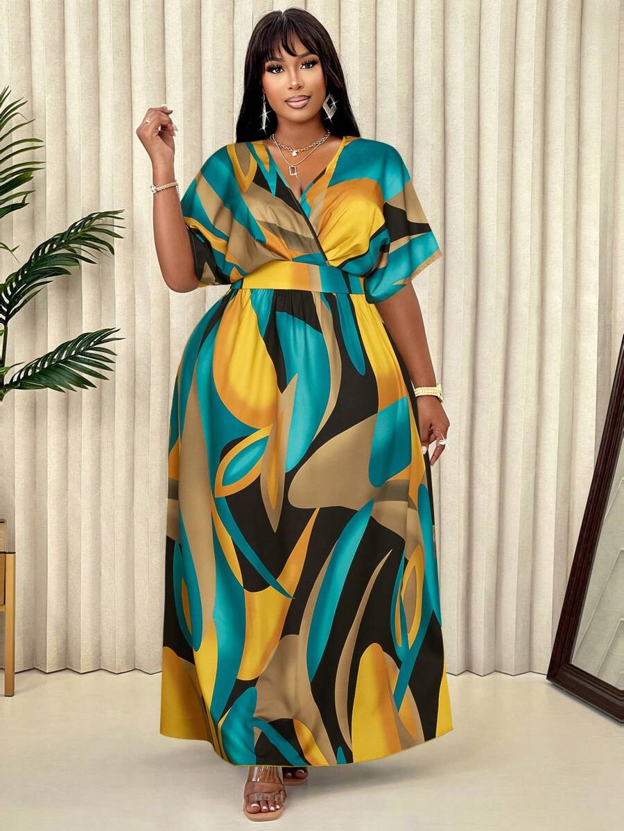 Plus Size Women Geometric Print V-Neck Short Sleeve Casual Dress (Random Floral Pattern) - Blue Yellow - View 1