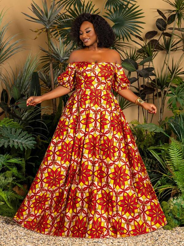 Faeriesty Vestido maxi de verano con escote descubierto y mangas cortas para talla grande, falda acampanada, con estampado geométrico rojo y amarillo audaz - Perfecto para bodas en la playa, fiestas tropicales y escapadas de temporada (Diseño ligero y versátil) Vestidos de verano Ropa de primavera