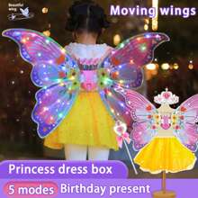 Conjunto de disfraz de hada ángel para niños - Incluye mochila con alas de mariposa luminosas, falda, corona, varita mágica; Alas de hada eléctricas, alas de ángel; Disfraz para representaciones, fiestas, cumpleaños, regalos para niñas