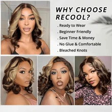 10 Inch 13X4 Transparent Lace HD Lace Front Wig With Baby Hair #4/27 Highlight Natural Wave Glueless Human Hair Water Wave Wig Pre Plucked With Bleached Knots 200 Density For  Woman