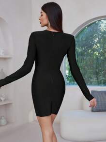 Bernatova New Designer Celebrity Prom Valentine's Evening Sexy Long Sleeve V Neck 3D Floral Faux Pearls Chain Banquet Elegant Women Mini Dresses, Party Dress, Wedding Guest Cocktail Dress - Black - View 5