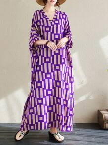 女士休闲长款卡夫坦连衣裙，V领短袖，几何图案梭织面料，带口袋 - 紫色 - 查看 2