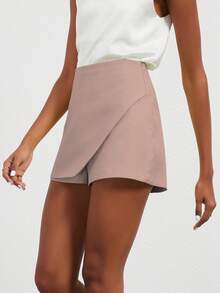 YROOE Women's Fashion Casual Versatile Solid Color Asymmetrical Skirt Shorts - Red Bean Paste Powder - View 2