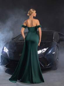 Faeriesty 优雅露肩垂褶侧开叉正式派对礼服、舞会晚礼服、适合婚礼嘉宾、毕业典礼 - 墨綠色 - 查看 3