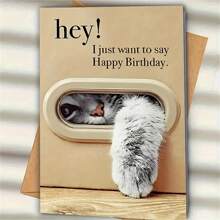 Adorable Cat Birthday Greeting Card - "Hey! Just Wanted To Wish You A Happy Birthday" Message, Includes Envelope, Cartoon Animal Themed, Tactile, Suitable For Any Recipient, Birthday Card