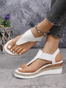 Women's Thick Sole Simple Jute Rope High Platform Waterproof Casual Beach Holiday Flip Flops, Plus Size