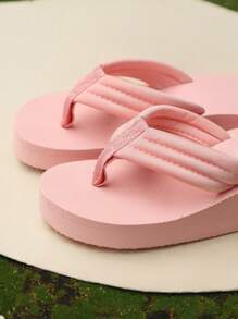 粉色人字拖，带趾夹板，轻质 EVA 厚底度假风格夏季休闲一脚蹬平底坡跟凉鞋，女式 - 粉色 - 查看 6