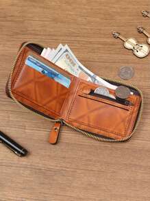 1 pieza Billetera casual de moda para hombre, estilo retro con estampado de USD, bolsa con cremallera corta de PU, ultraligera, monedero multifuncional, fácil de llevar, adecuado para adolescentes, casual de verano, al aire libre, deportivo, viajes, regalos de graduación o cumpleaños, accesorios formales/de negocios, ideas para el Día de San Valentín