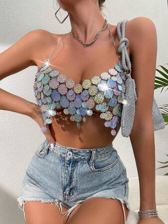 女士渐变色亮片短款上衣、性感时尚吊带背心