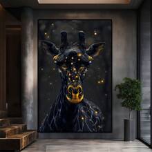 Une girafe avec des taches lumineuses sur un fond sombre. Grande peinture murale encadrée en bois, décoration d'intérieur, peinture à l'huile - Chambre, salle de bain, salon, bureau, cuisine, cadeaux de Noël - 1 pièce