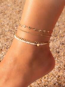 4pcs Holiday Style Heart Chain Pearl Anklet (Random Heart Chain Quantity, Based On Length) Valentine's Day Valentines,Mom,Mother,Mother's Day,Gift